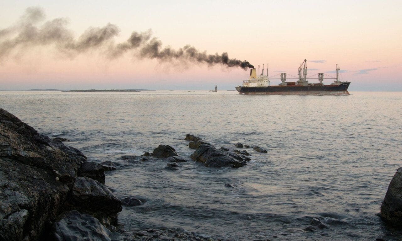 Large tanker ship on the ocean at dusk